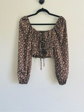 Mixed Threads Brown Floral Smocked Long-Sleeve Crop Top